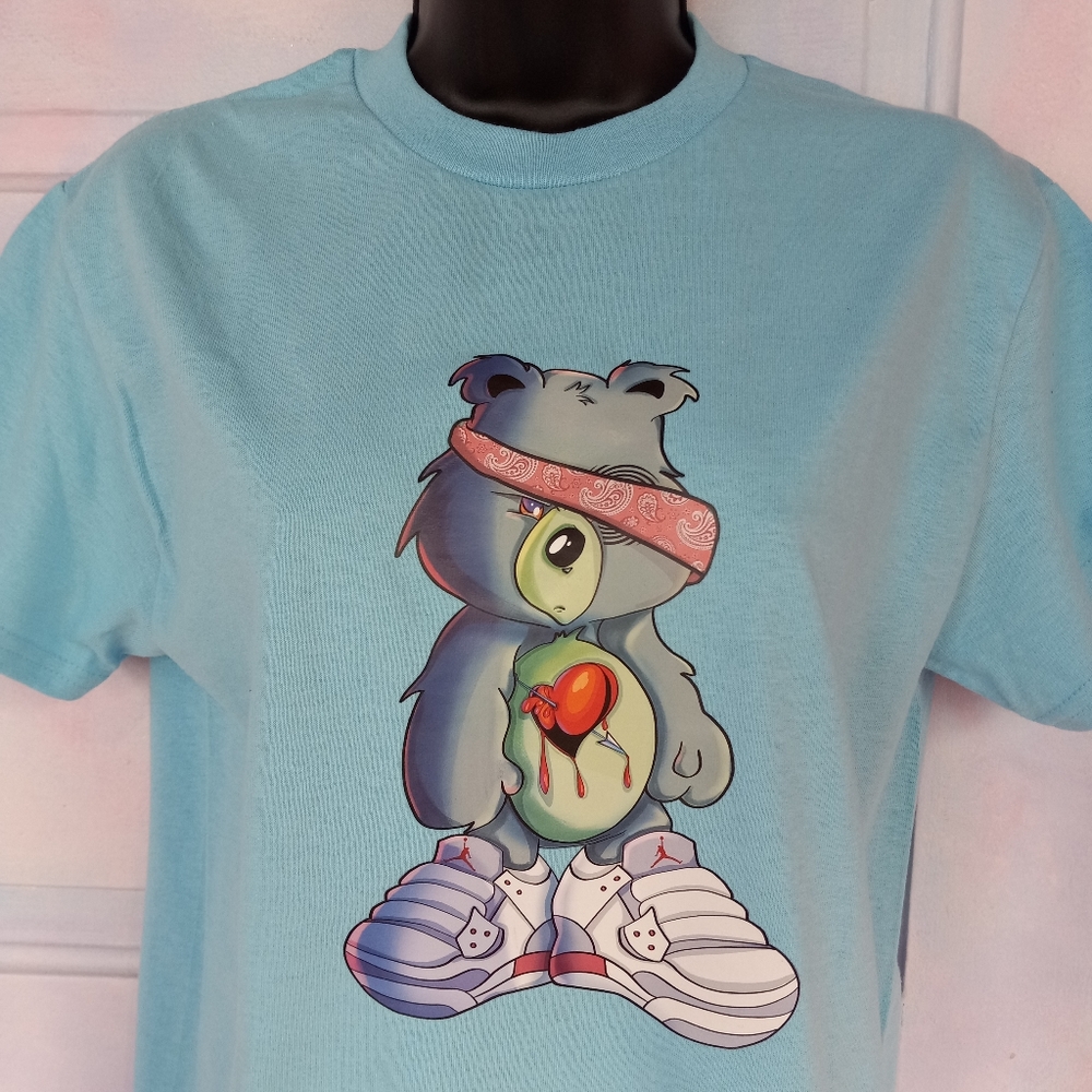 😵ToughLoveBear! Carebear spoof tee! Bada$$ tough bear ooak tee on baby blue!